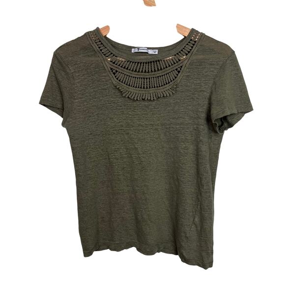 T by Alexander Wang Tops - T by Alexander Wang Size Small Olive‎ Green Linen Crochet Front Short Sleeve Top